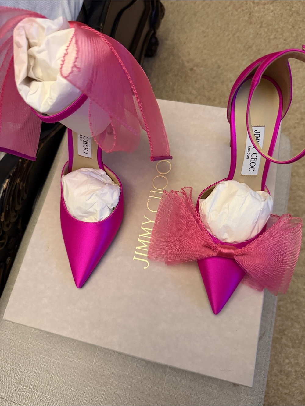 Jimmy Choo Hot Pink Satin Pointed-Toe Bow Ankle-Strap Heels - Picture 2 of 7